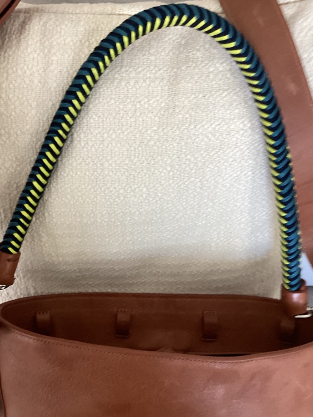 Mecha Mendez Cognac Leather Shoulder Bag with Braided Navy & Neon Handle - Picture 4 of 11